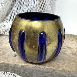 Vintage Brass & Cobalt Blue Glass Bowl India-Made 3" x 3" Decorative Accent Piec